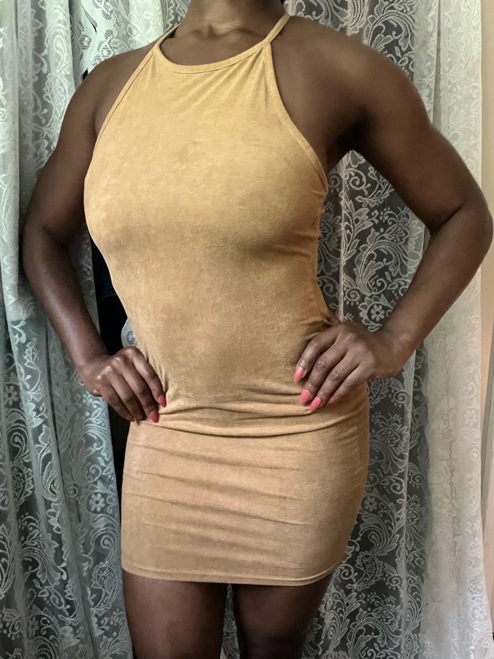 Windsor Sleeveless Halter Mini Dress in Camel